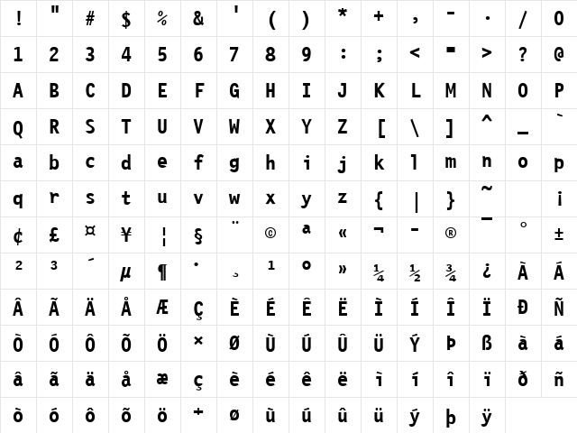 Letter Gothic Bold Character Map