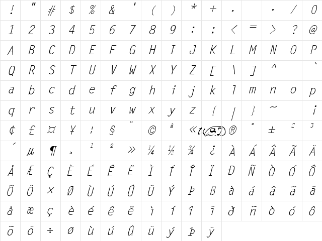 Letter Gothic Italic Character Map
