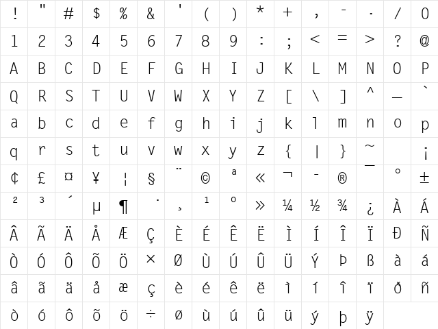 Letter Gothic Regular Character Map