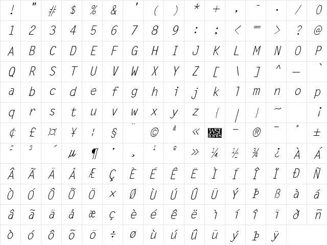 LetterGothic Italic Character Map