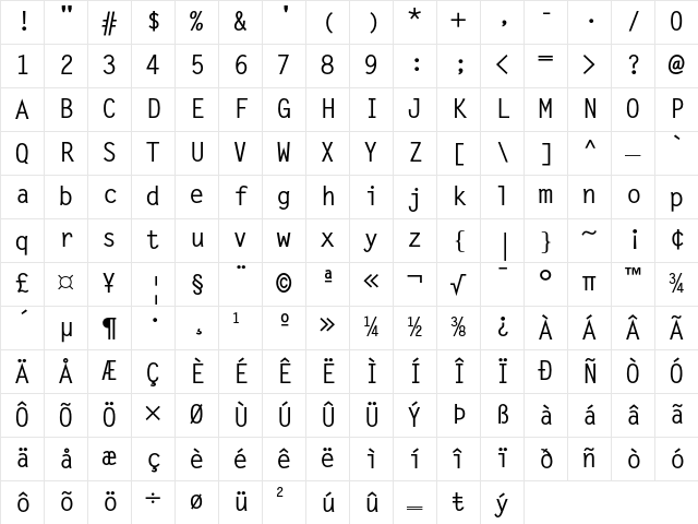 Letter Gothic Regular Character Map