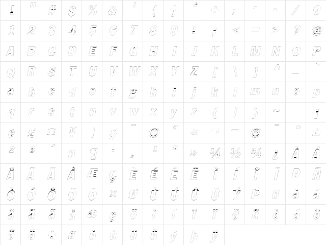 LibraryGothicHeavyOutline Italic Character Map
