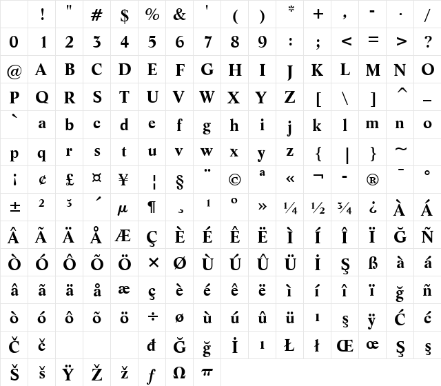 Life BT Bold Character Map