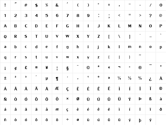 LilyUPC Normal Character Map LilyUPC Normal Character Map