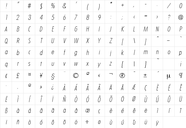 LimerickCond-Serial-ExtraLight RegularItalic Character Map LimerickCond-Serial-ExtraLight RegularItalic Character Map
