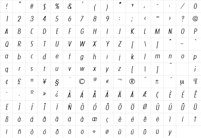 LimerickCond-Serial-Light RegularItalic Character Map