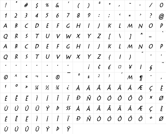 Liste-Condensed Bold Italic Character Map Liste-Condensed Bold Italic Character Map