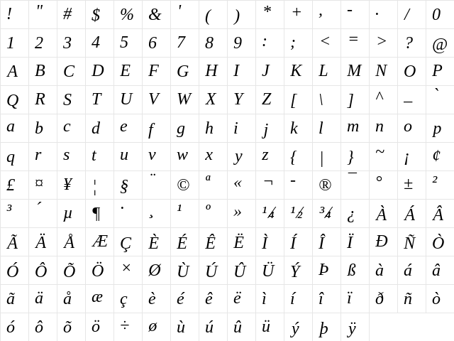 LiterationSerif NF Italic Character Map