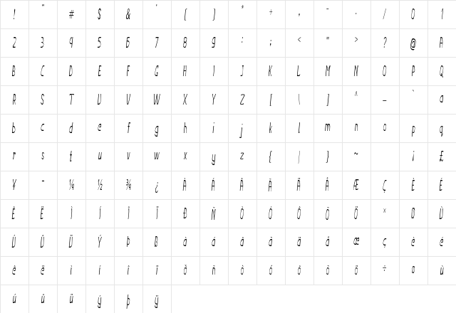 Lorian Extra-condensed Italic Character Map