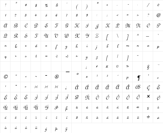 Lucy Italic Character Map