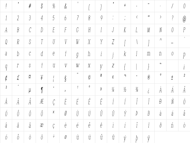 Luminage Extra-condensed Italic Character Map
