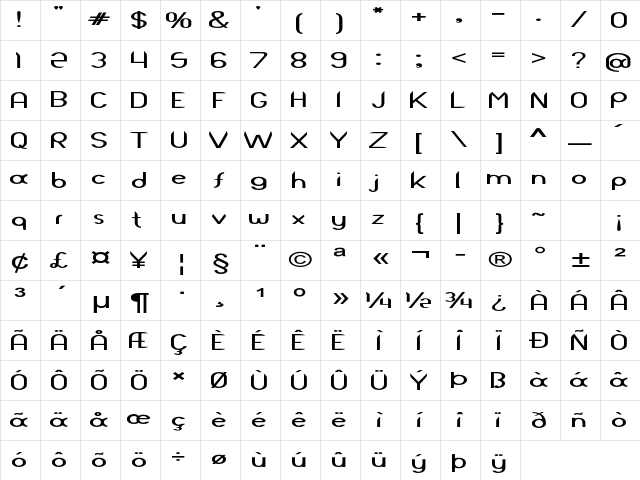 Lutin Extra-expanded Bold Character Map