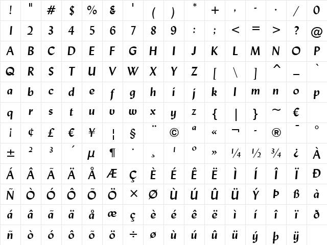 Lydian BT Bold Italic Character Map