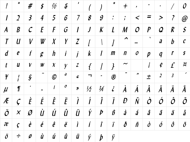 Lynda-Condensed Bold Italic Character Map