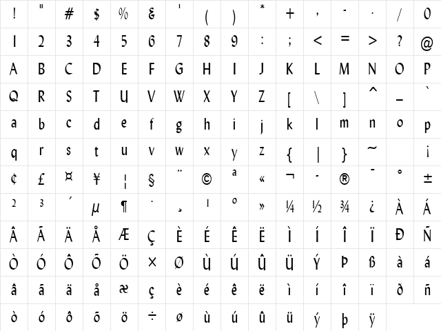 Lynda-Condensed Normal Character Map
