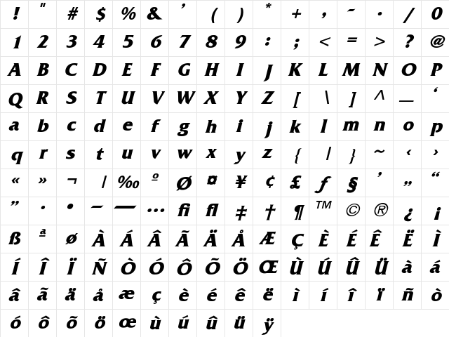 Lyon_BoldItalic Normal Character Map