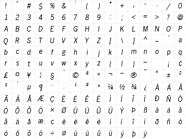 MacroSSK Italic Character Map