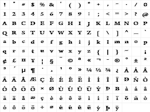 Manasmo Expanded Bold Character Map