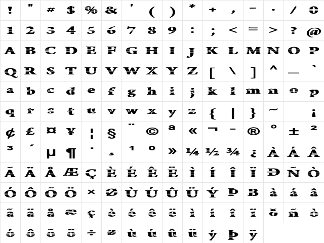 Manasmo Extra-expanded Bold Character Map