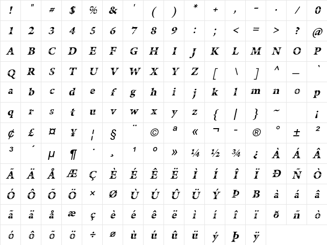 Manasmo Italic Character Map