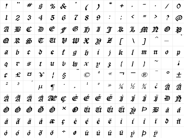 ManuscriptExtended Italic Character Map
