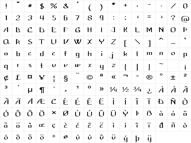 Manzega Expanded Bold Character Map
