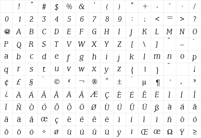 MarburgLight RegularItalic Character Map MarburgLight RegularItalic Character Map
