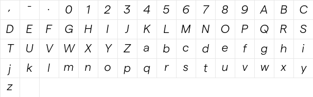 Matter TRIAL Light Italic Character Map