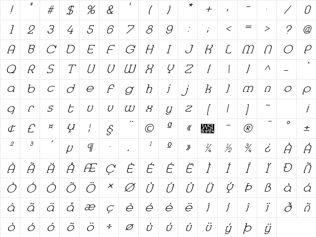 MedflyLight Italic Character Map
