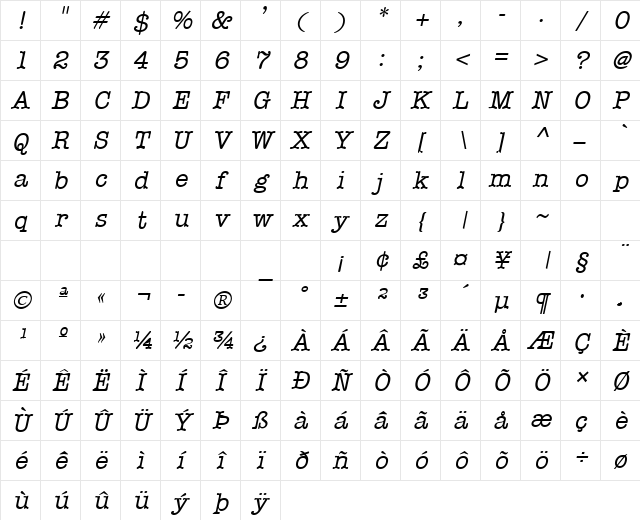 Memo Italic Character Map
