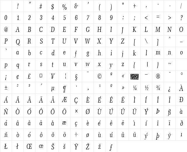 MemoirCondensed Italic Character Map MemoirCondensed Italic Character Map
