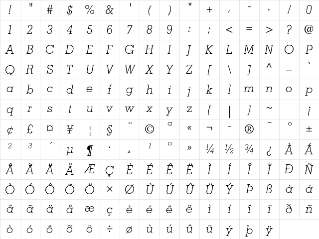 Memphis LT Std Light Italic Character Map