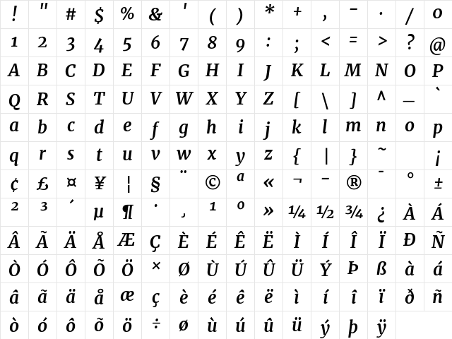 Merriweather Bold Italic Character Map