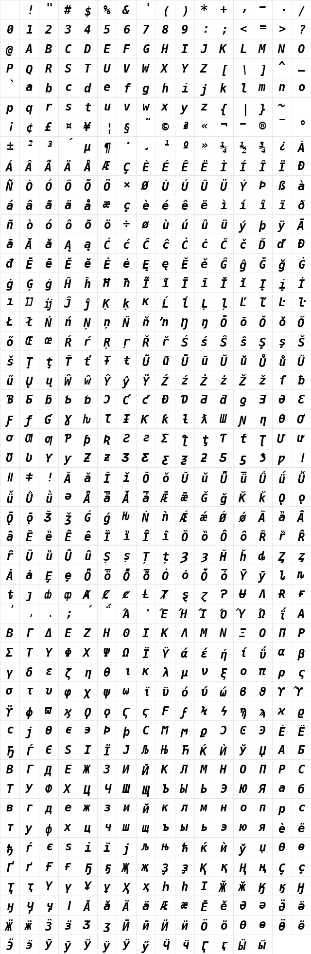 MesloLGM NF Bold Italic Character Map MesloLGM NF Bold Italic Character Map
