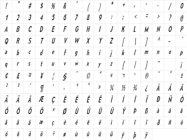 Mesmerize Condensed Book Italic Character Map