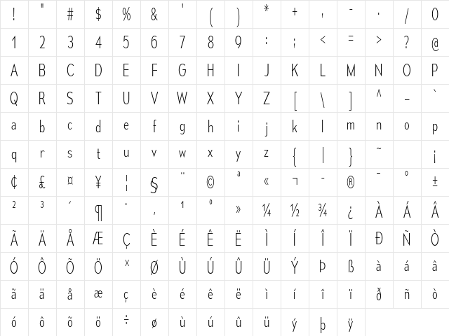 Mesmerize Condensed ExtraLight Character Map