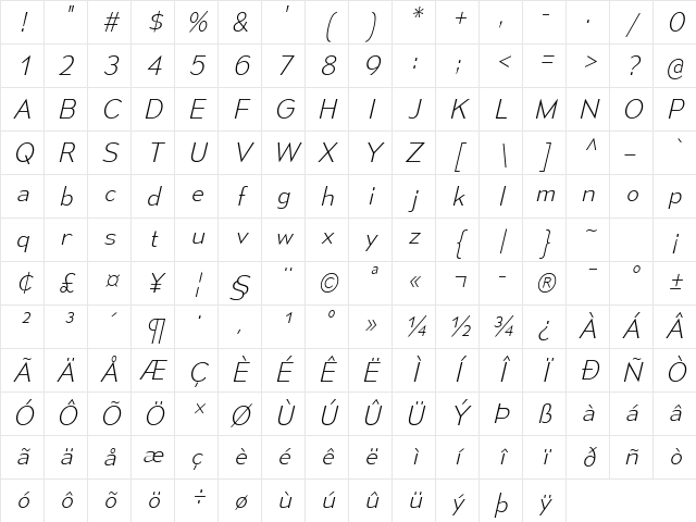 Mesmerize ExtraLight Italic Character Map Mesmerize ExtraLight Italic Character Map