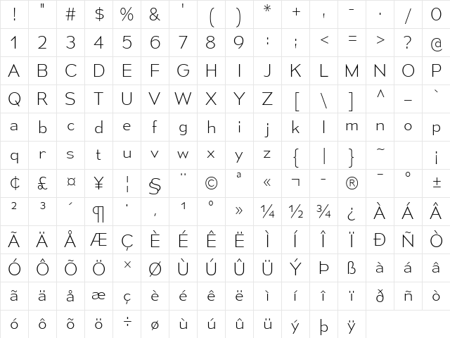 Mesmerize ExtraLight Character Map