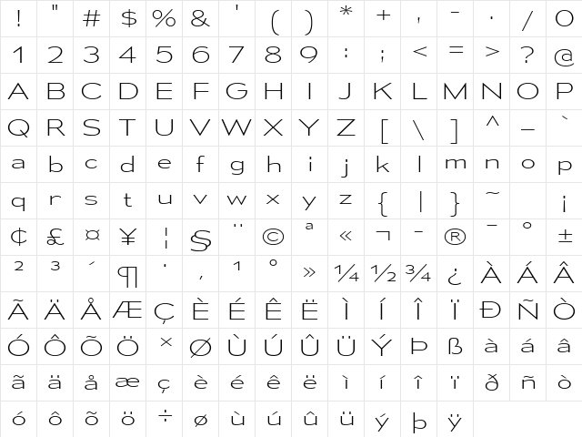 Mesmerize Expanded ExtraLight Character Map