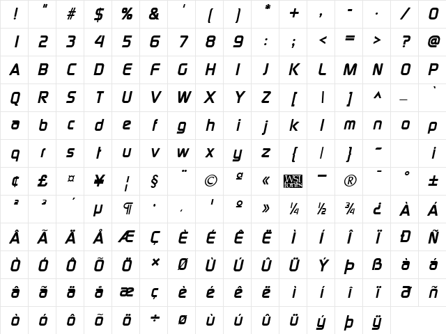 Modaerne Bold Italic Character Map