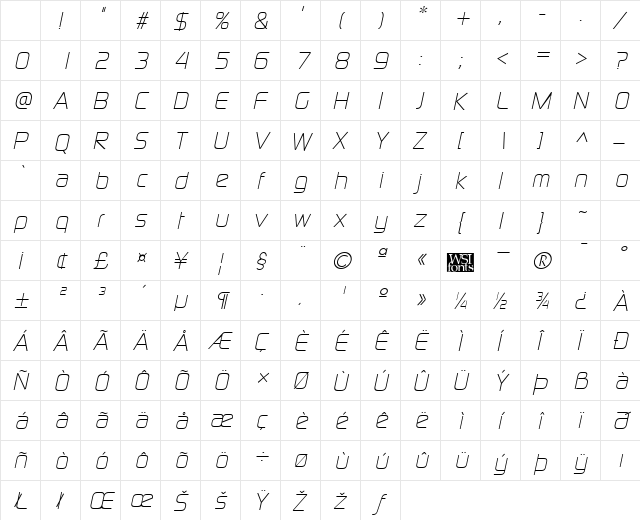 ModaerneLight Italic Character Map