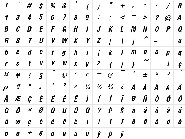 Milford Condensed Bold Italic Character Map