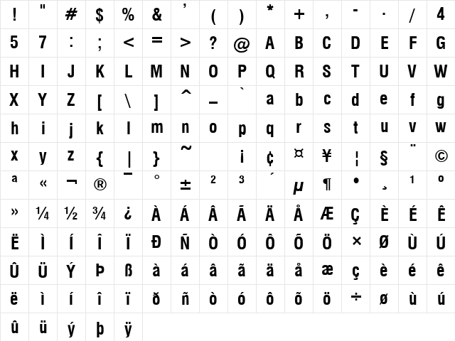 Milford Condensed Bold Character Map