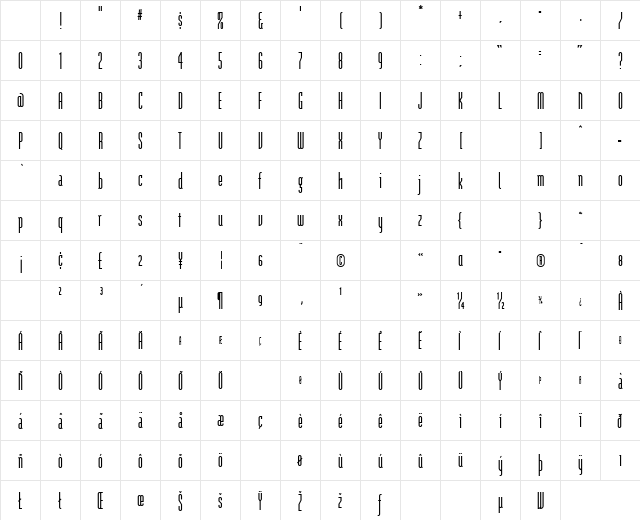 ModulaTall Regular Character Map