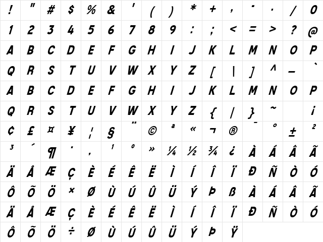 Mixolydian Titling Bold Italic Character Map