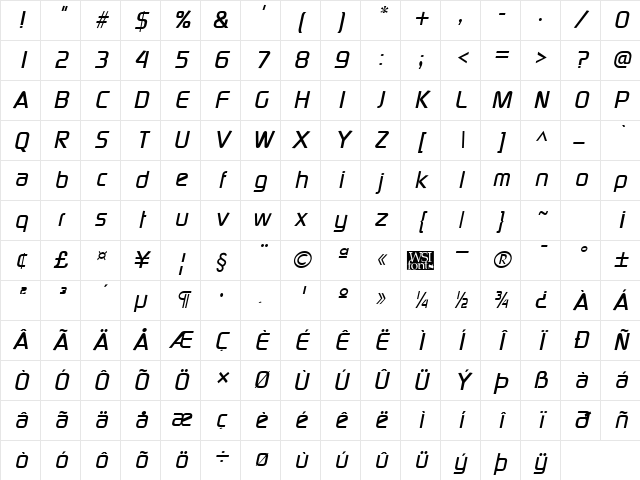 Modaerne Italic Character Map
