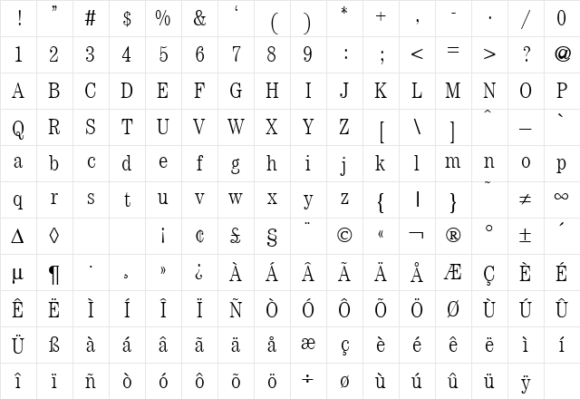 ModernCenturyCondLight Regular Character Map