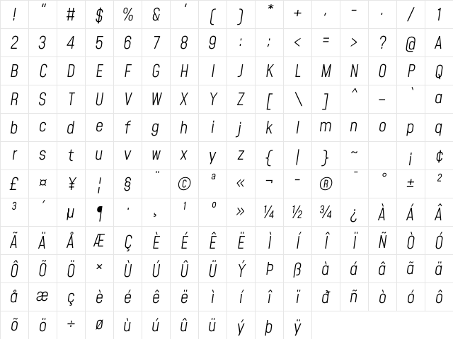 Mohave Light Italic Character Map