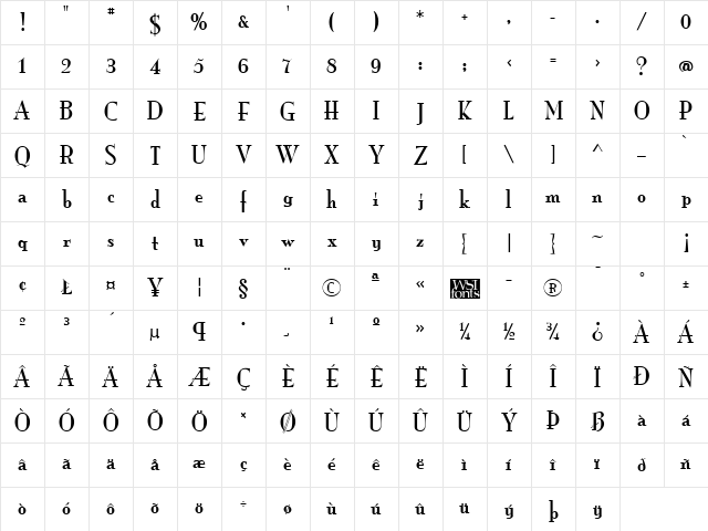 Monarch Regular Character Map