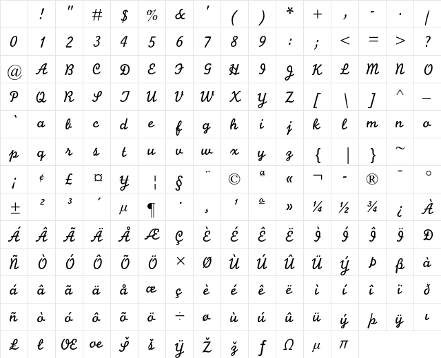 Monoline Script MT Std Regular Character Map Monoline Script MT Std Regular Character Map